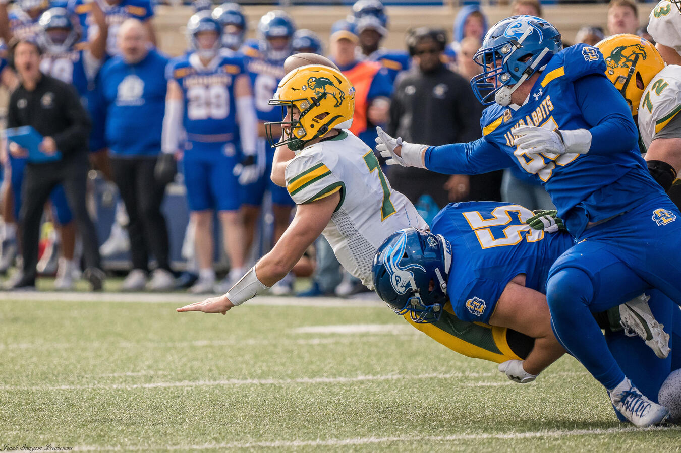 NDSU (North Dakota State University) quarterback Cam Miller gets sacked against SDSU (South Dakota State University)